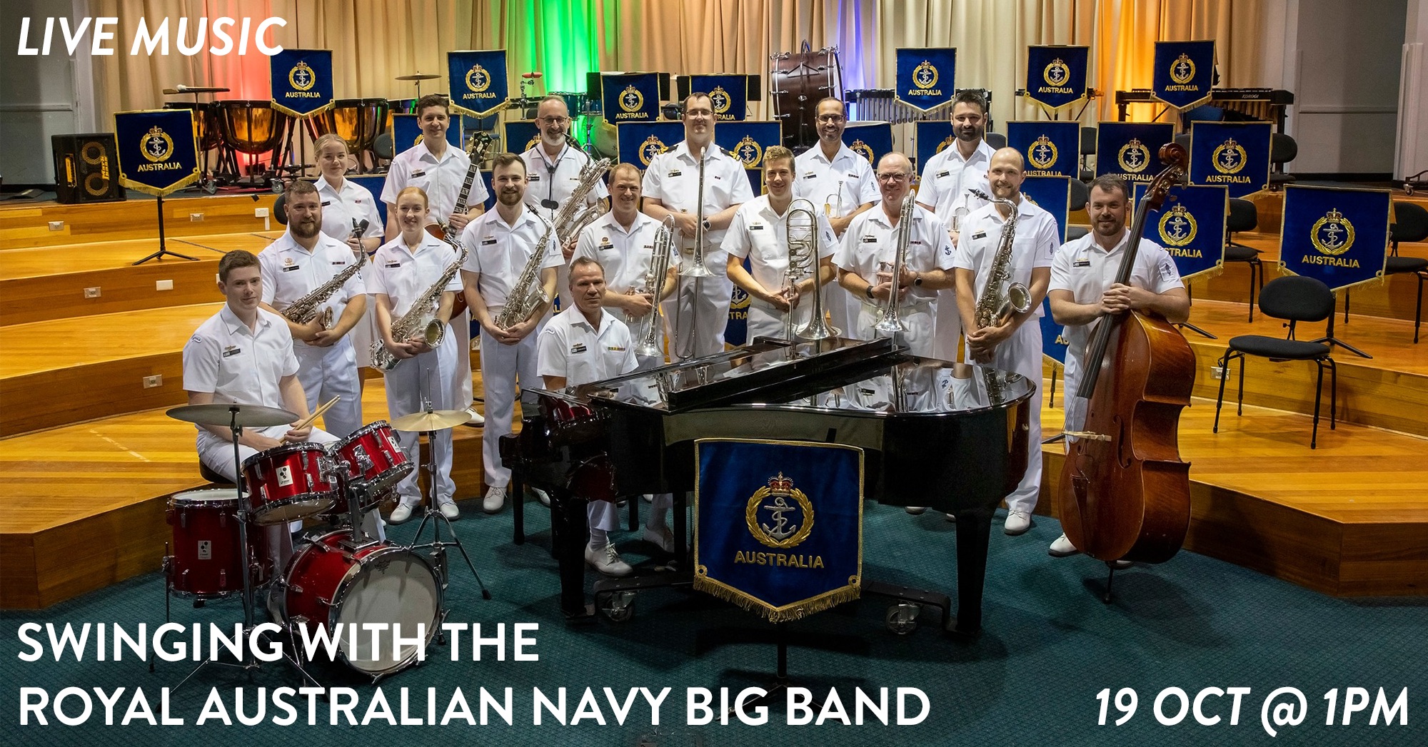 Swinging With The Royal Australian Navy Big Band, with support from Dandenong Ranges Big Band. Saturday 19 October at 1pm, Burrinja Theatre