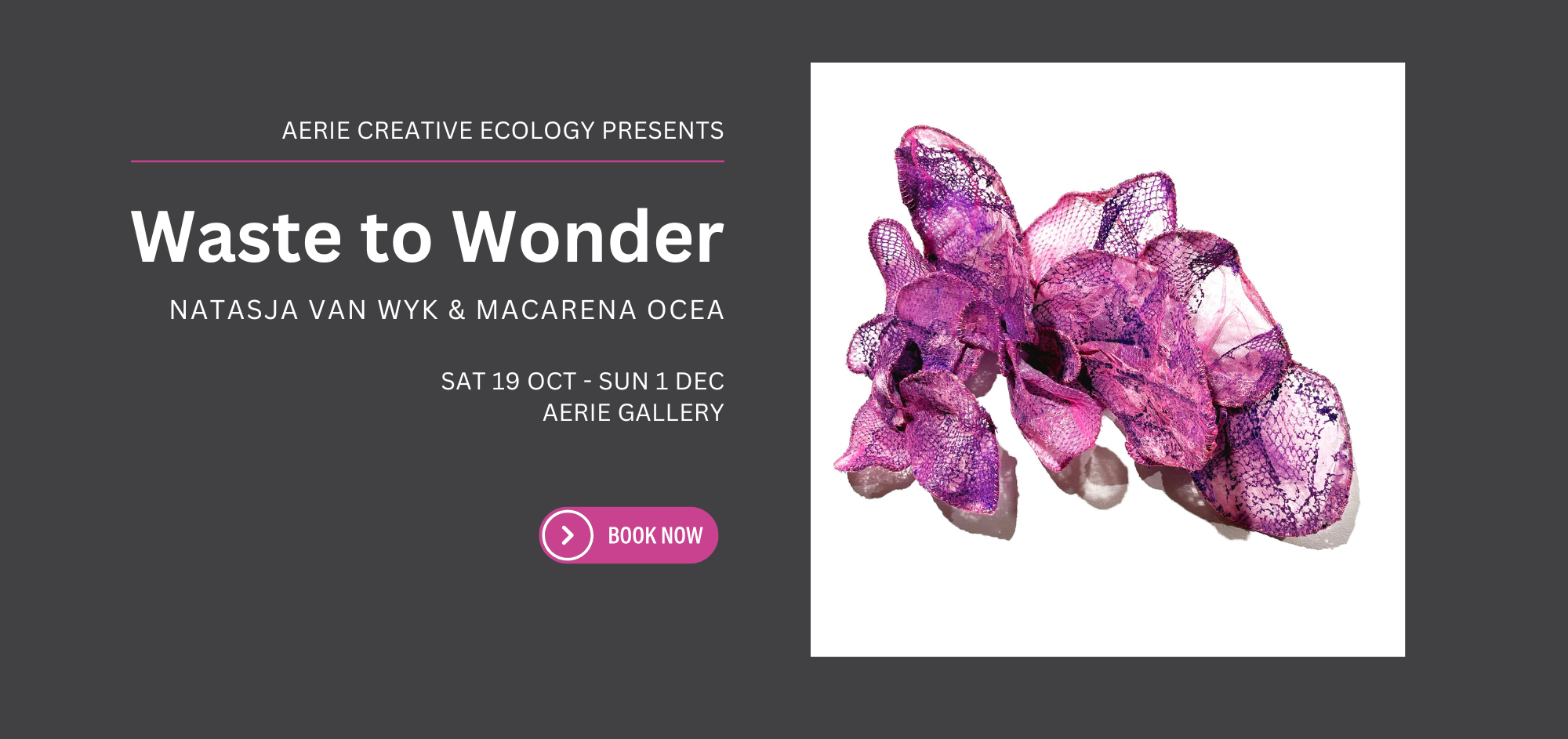 Waste to Wonder exhibition by Natasja van Wyk & Macarena Ocea, Saturday 19 Oct to Sunday 1 Dec | aerie gallery