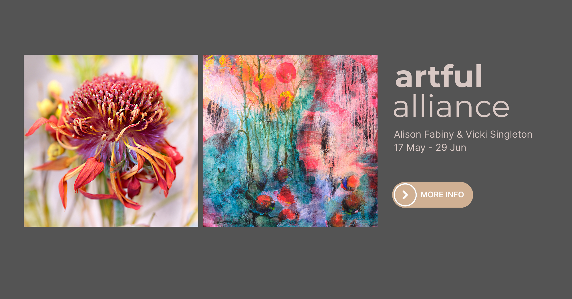 Artful Alliance, exhibition by Alison Fabiny and Vicki Singleton in the Burrinja Studio Gallery. Saturday 17 May to Sunday 29 June